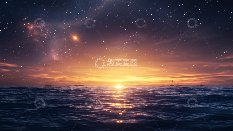 高清大图下载【趣麦麦图】海上星空日落美景