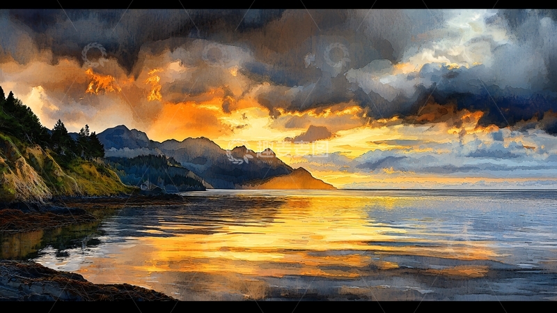 高清大图下载【趣麦麦图】波澜壮阔的海面日落景色