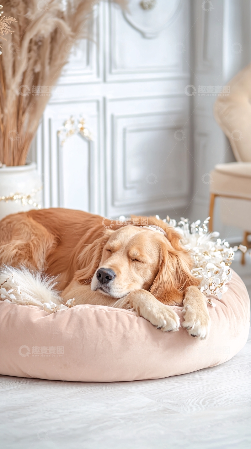 高清大图下载【趣麦麦图】金毛犬在舒适的床上睡觉