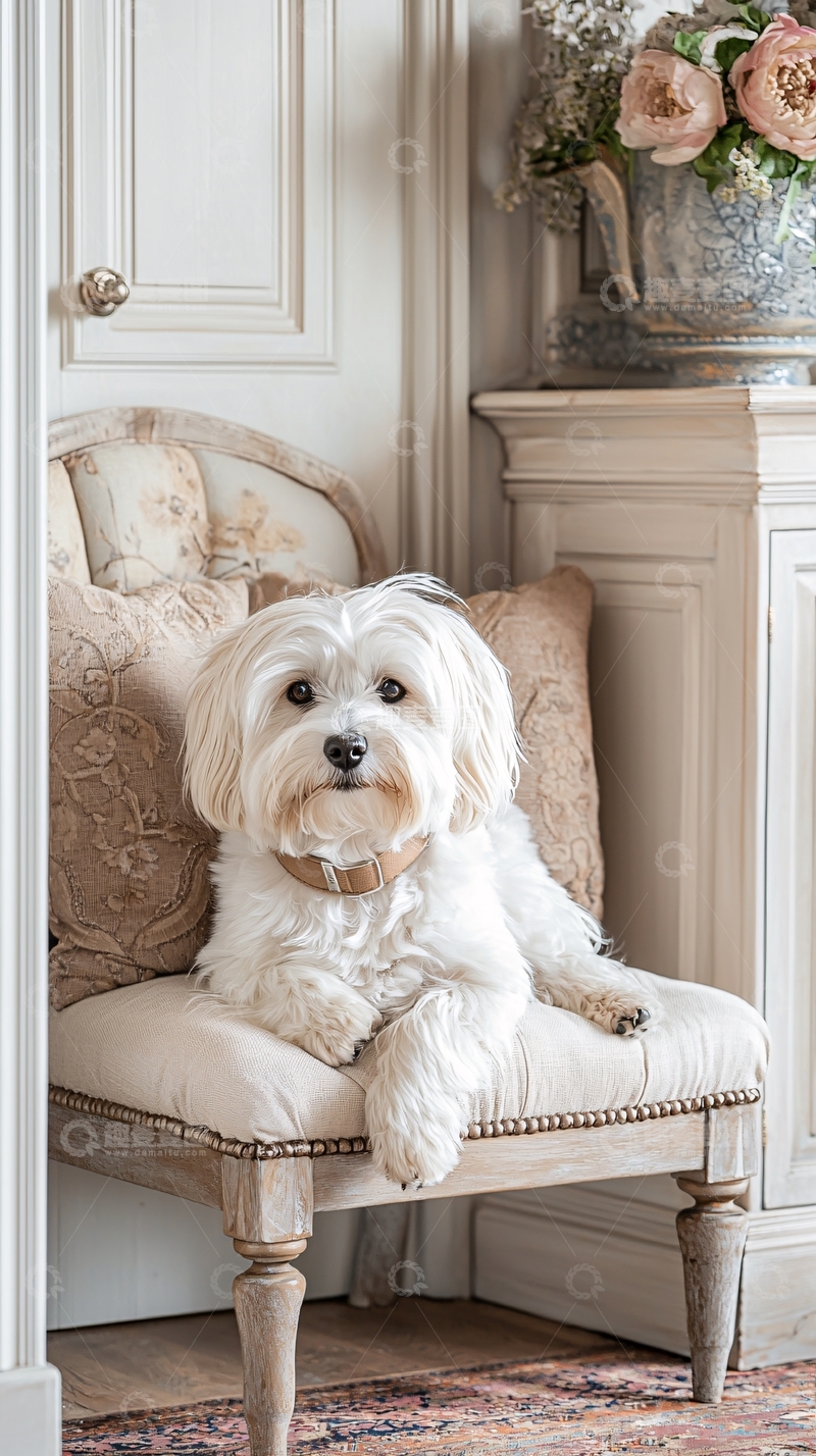 高清大图下载【趣麦麦图】白色小狗坐在椅子上