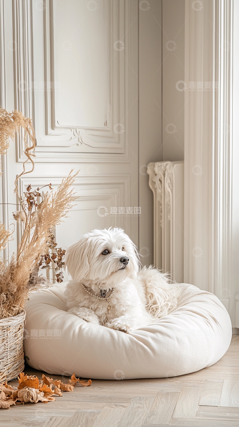 高清大图下载【趣麦麦图】白色小狗在米色软垫上