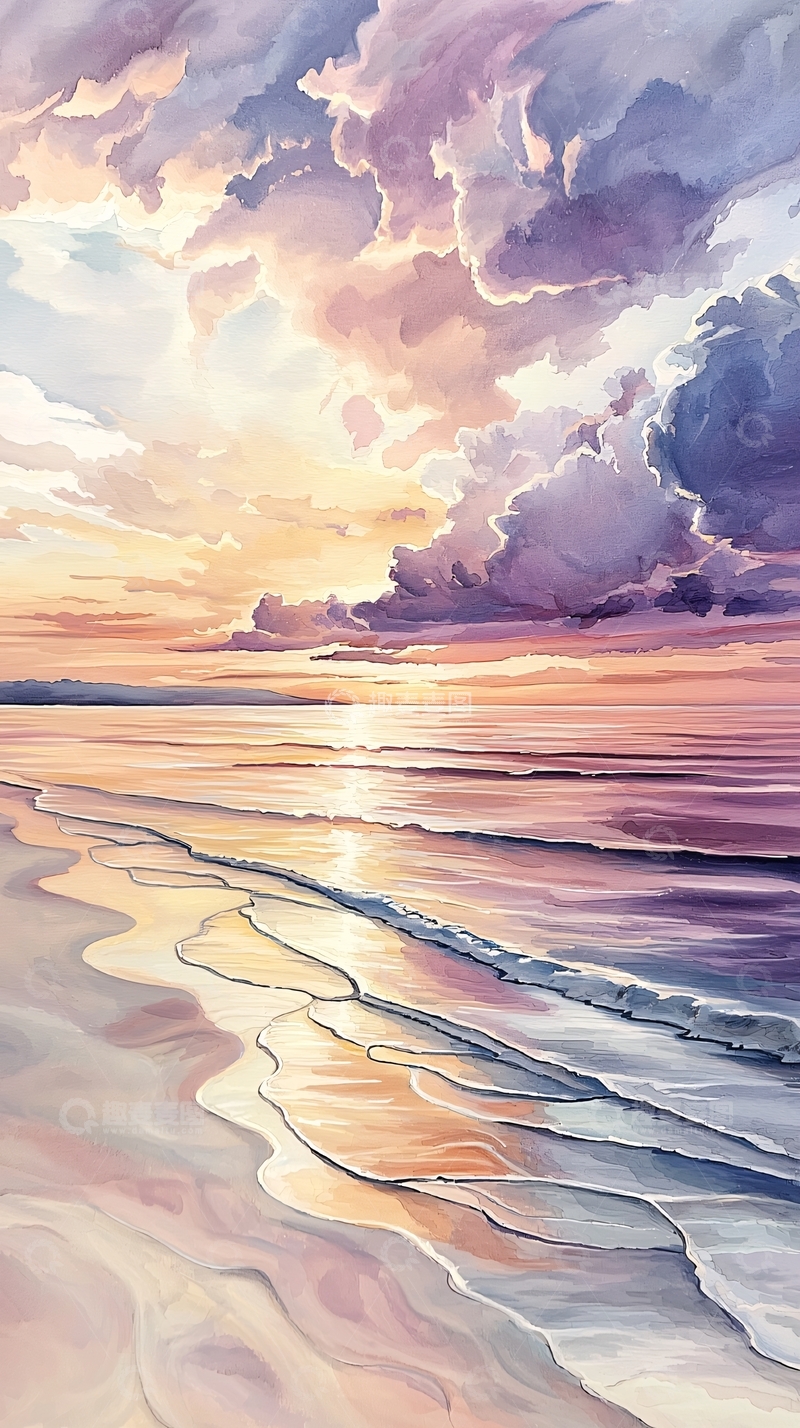 高清大图下载【趣麦麦图】梦幻海边晚霞水彩画