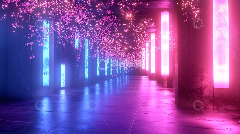 高清大图下载【趣麦麦图】霓虹灯光与花树交织的未来场景