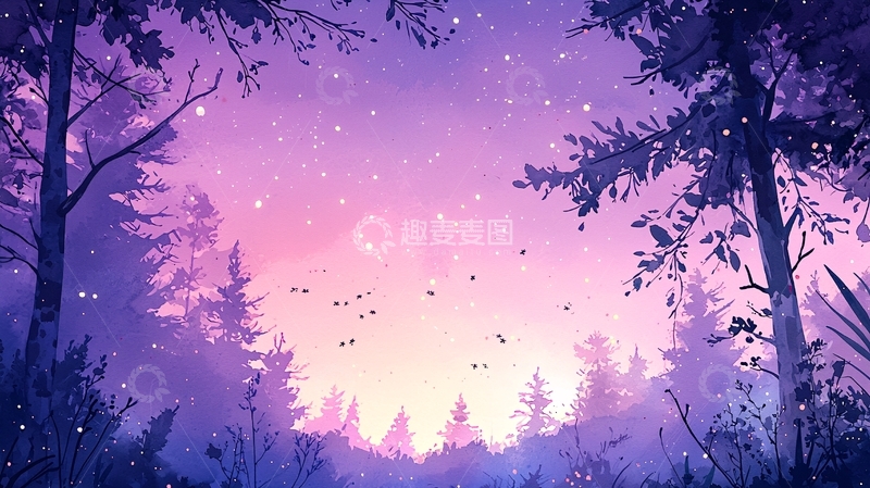 高清大图下载【趣麦麦图】紫调森林星空梦幻风景