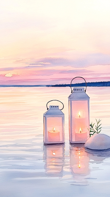 宁静湖面上的灯笼