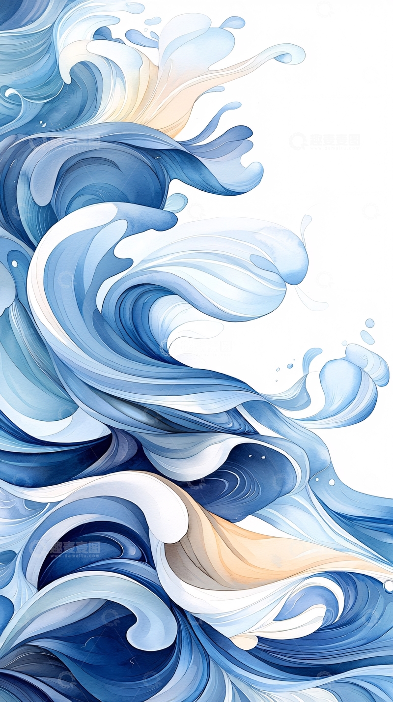 高清大图下载【趣麦麦图】蓝色水彩风格海浪