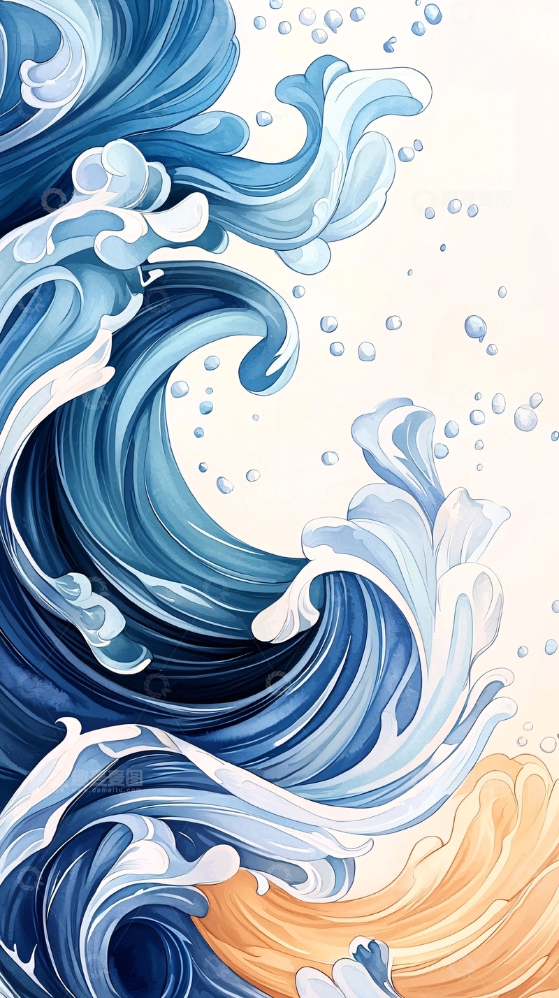 高清大图下载【趣麦麦图】蓝色水彩海浪的抽象绘画