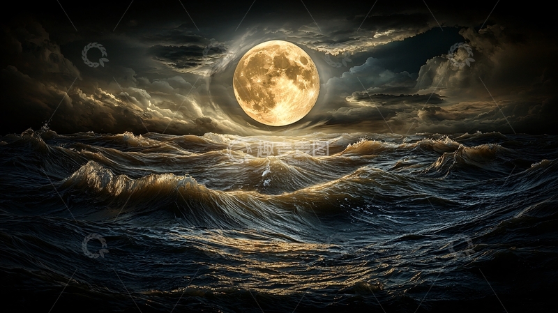高清大图下载【趣麦麦图】月光洒在波涛汹涌的海面