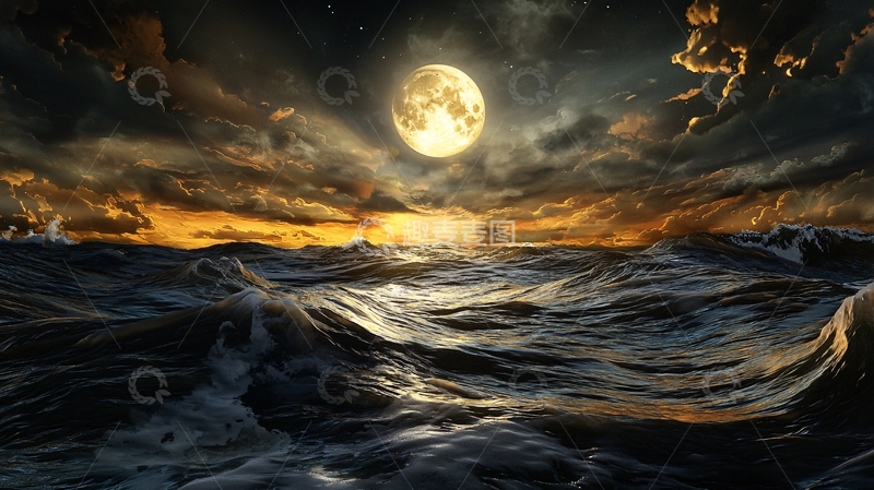 高清大图下载【趣麦麦图】海上满月夜空