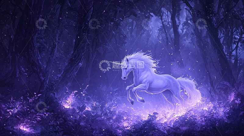 高清大图下载【趣麦麦图】夜色森林中的独角兽