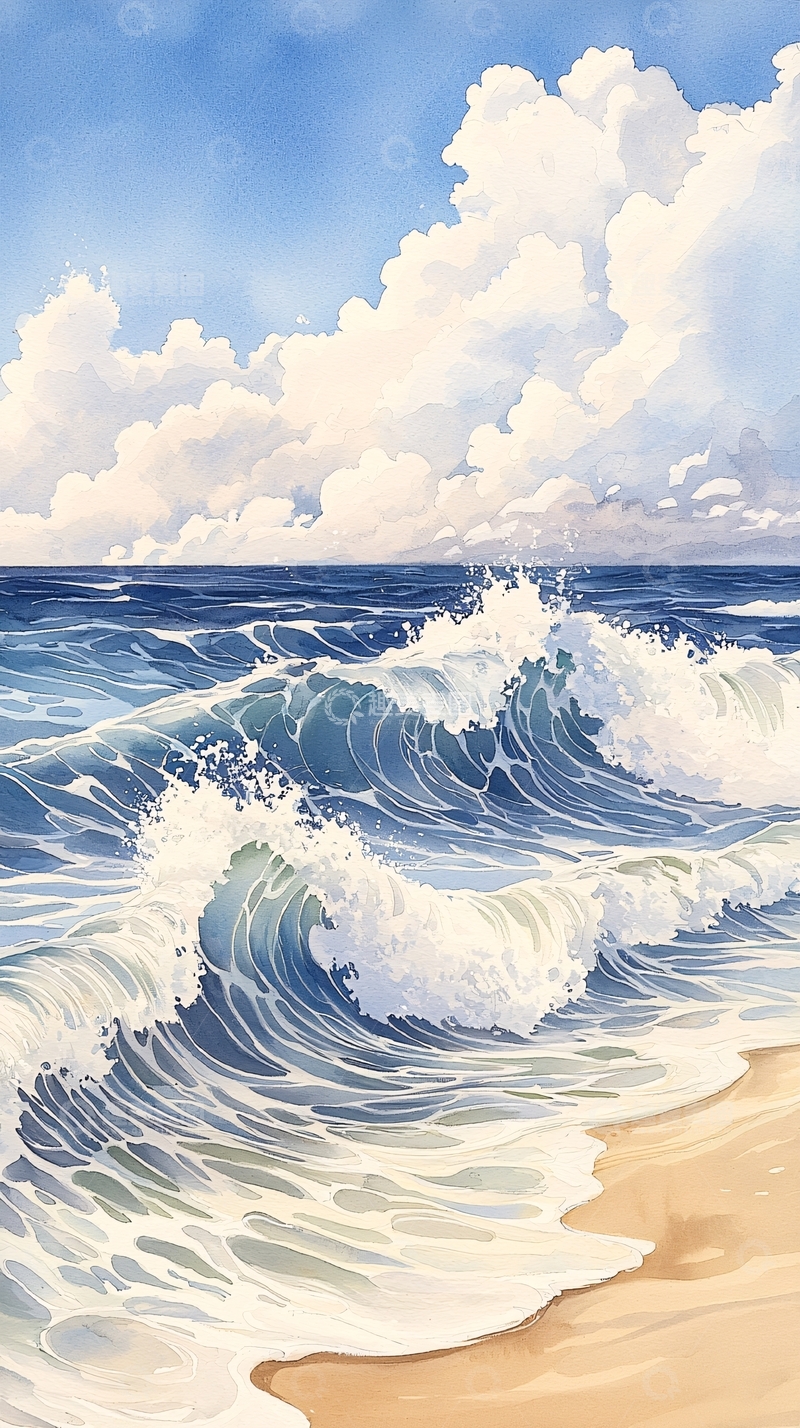 高清大图下载【趣麦麦图】海浪拍打沙滩的唯美水彩
