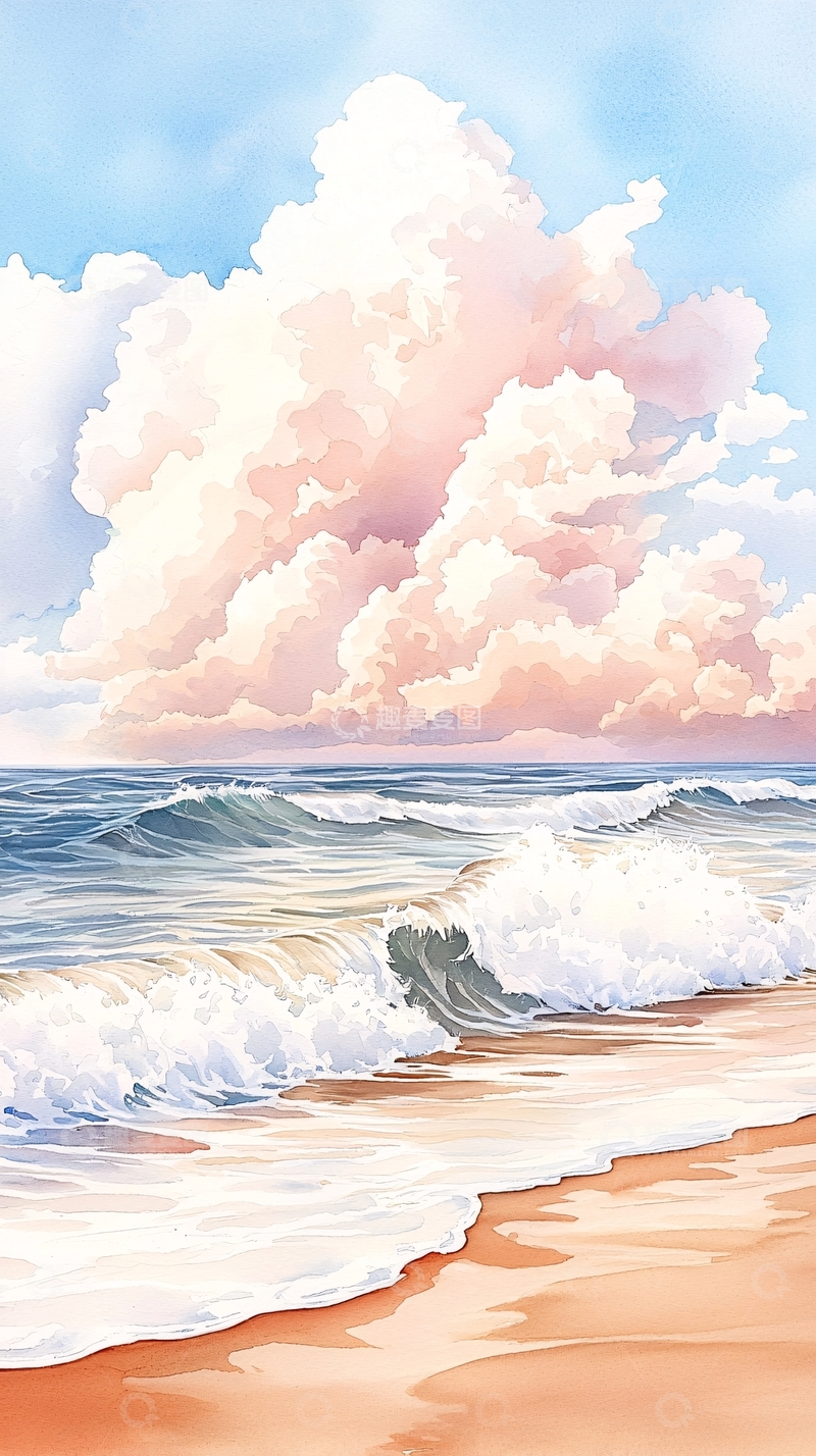 高清大图下载【趣麦麦图】粉色云朵海边水彩画