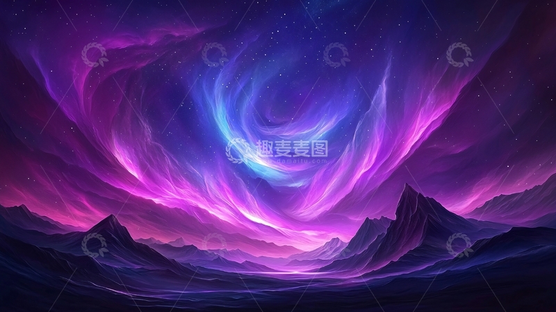 高清大图下载【趣麦麦图】紫色星云下的山脉