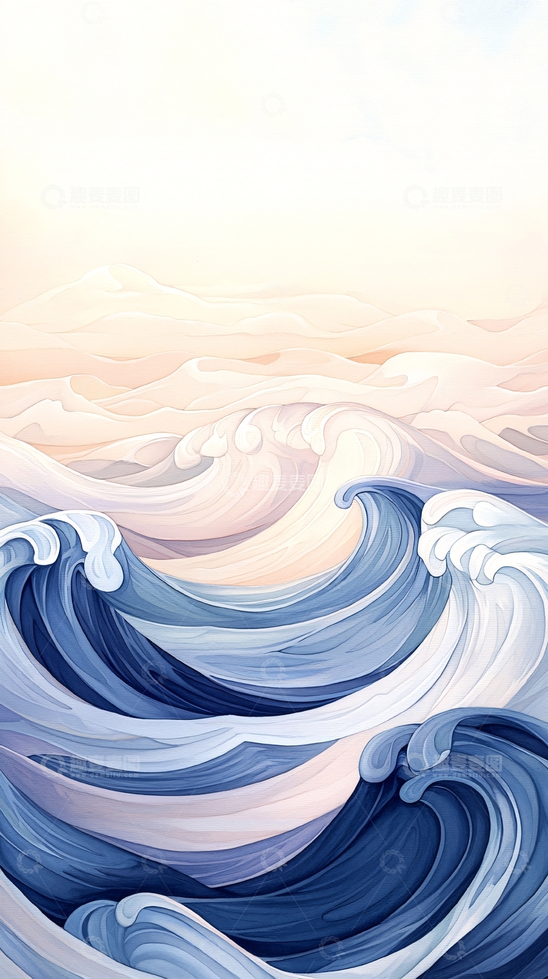 高清大图下载【趣麦麦图】蓝色海浪手绘插画