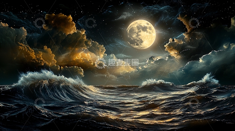 高清大图下载【趣麦麦图】月夜下的波涛汹涌海面