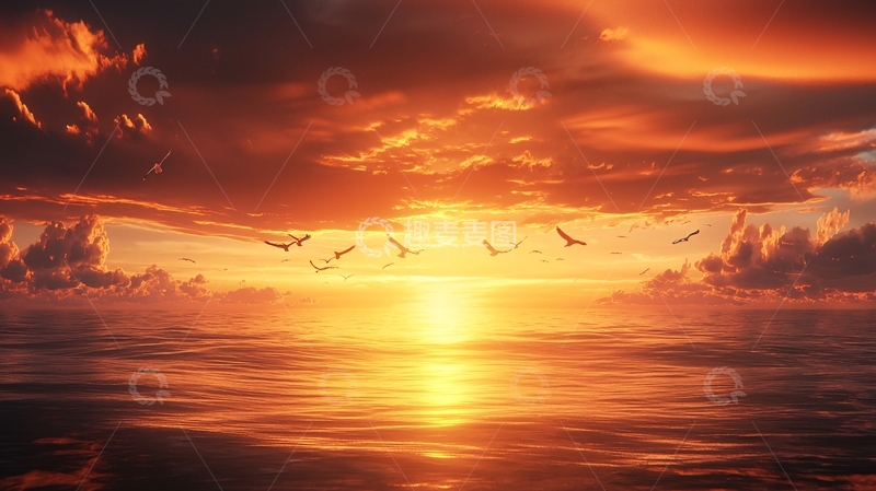 高清大图下载【趣麦麦图】金色日落下的飞鸟