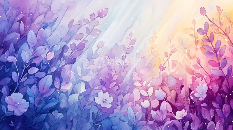 高清大图下载【趣麦麦图】紫色花卉叶片水彩