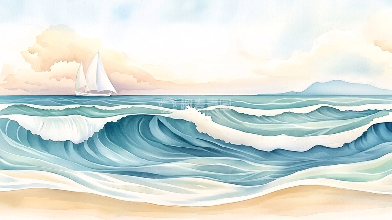 高清大图下载【趣麦麦图】海边帆船风景水彩画