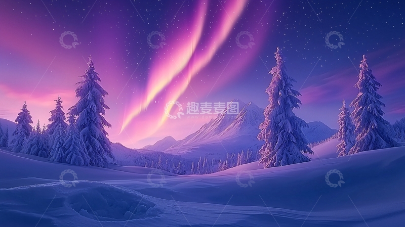 高清大图下载【趣麦麦图】冬季雪山极光梦幻场景