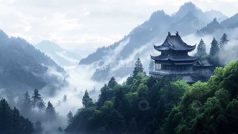高清大图下载【趣麦麦图】山间寺庙云雾缭绕