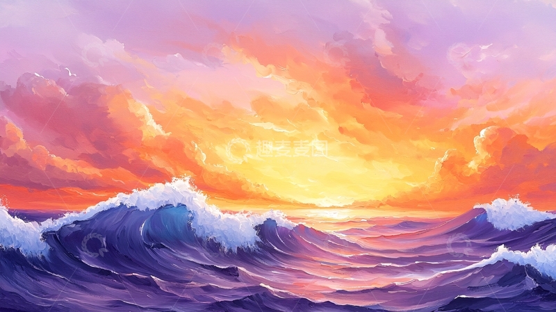 高清大图下载【趣麦麦图】海浪翻滚的日落天空