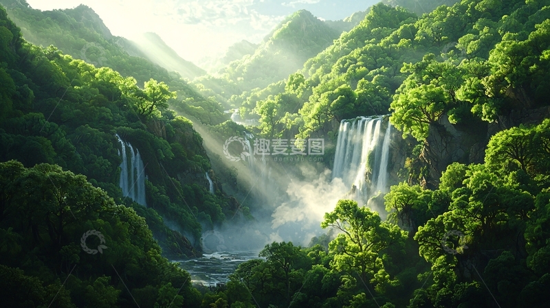 高清大图下载【趣麦麦图】茂密森林中的瀑布美景