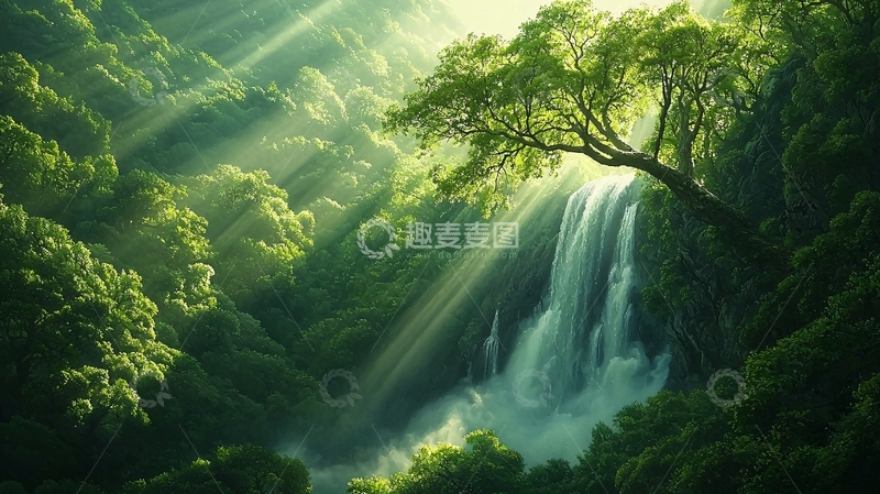 高清大图下载【趣麦麦图】阳光穿过森林瀑布