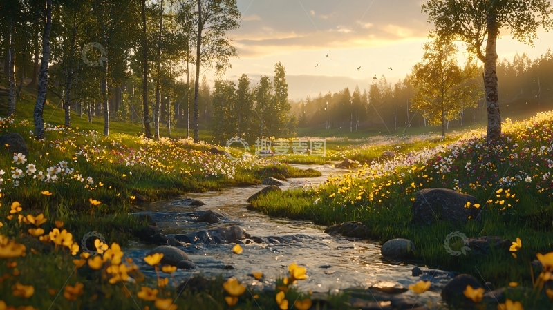 高清大图下载【趣麦麦图】金色阳光下的森林溪流