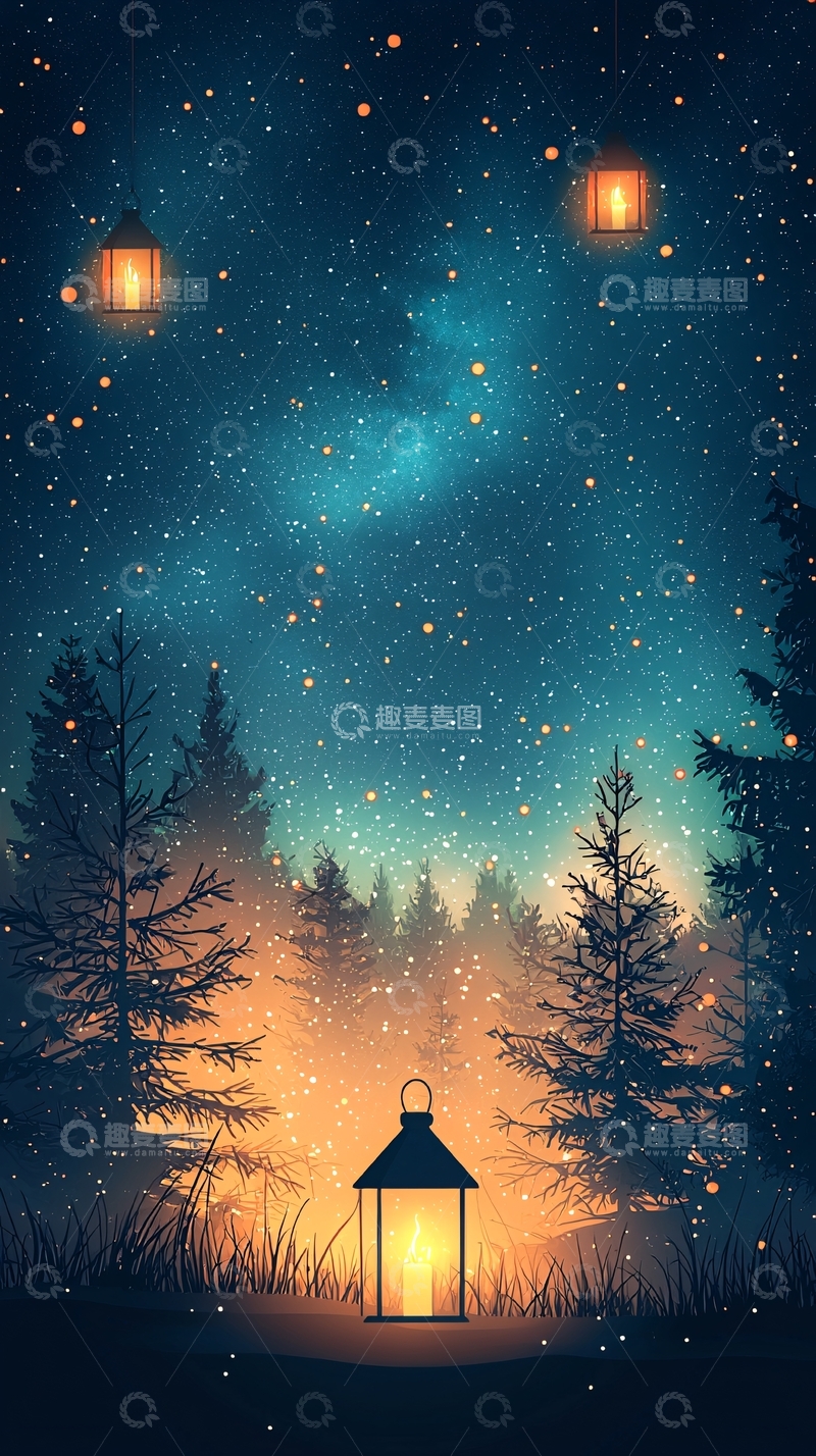 高清大图下载【趣麦麦图】夜晚森林中的灯笼
