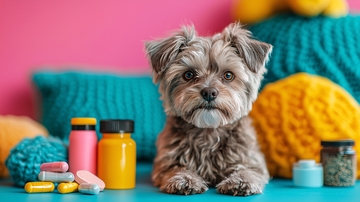 可爱小狗和药瓶的静物