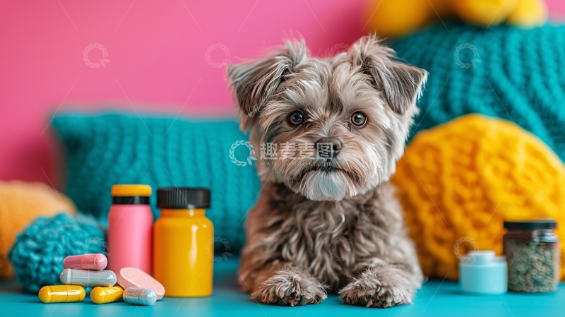高清大图下载【趣麦麦图】可爱小狗和药瓶的静物
