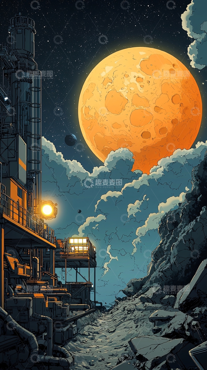 高清大图下载【趣麦麦图】工业建筑与橙色月亮