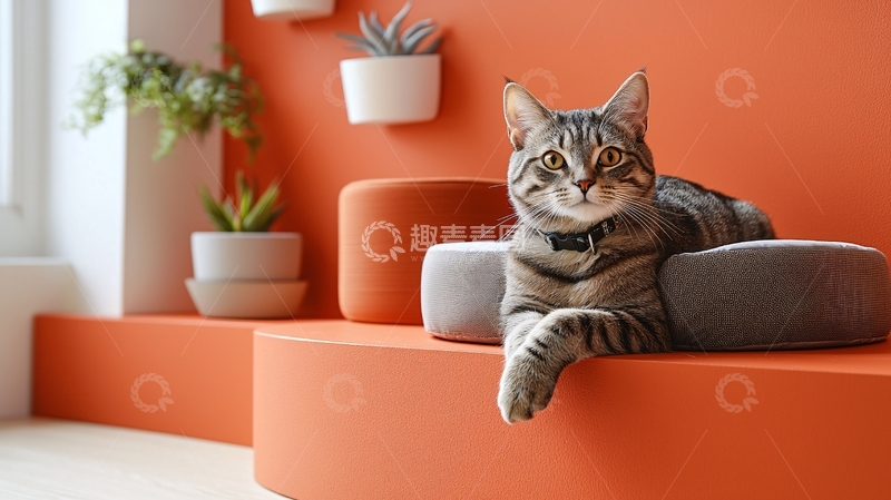 高清大图下载【趣麦麦图】条纹猫咪橙色背景