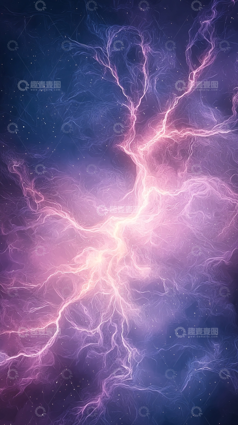 高清大图下载【趣麦麦图】紫色星云与闪电交织的宇宙