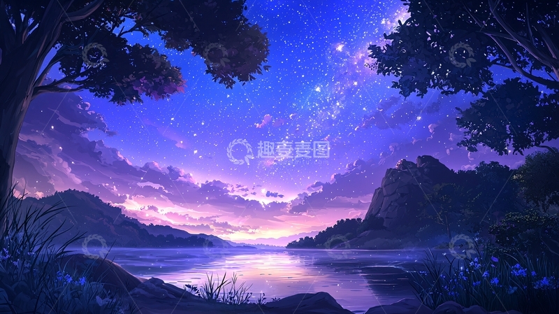 高清大图下载【趣麦麦图】宁静湖面上的星空