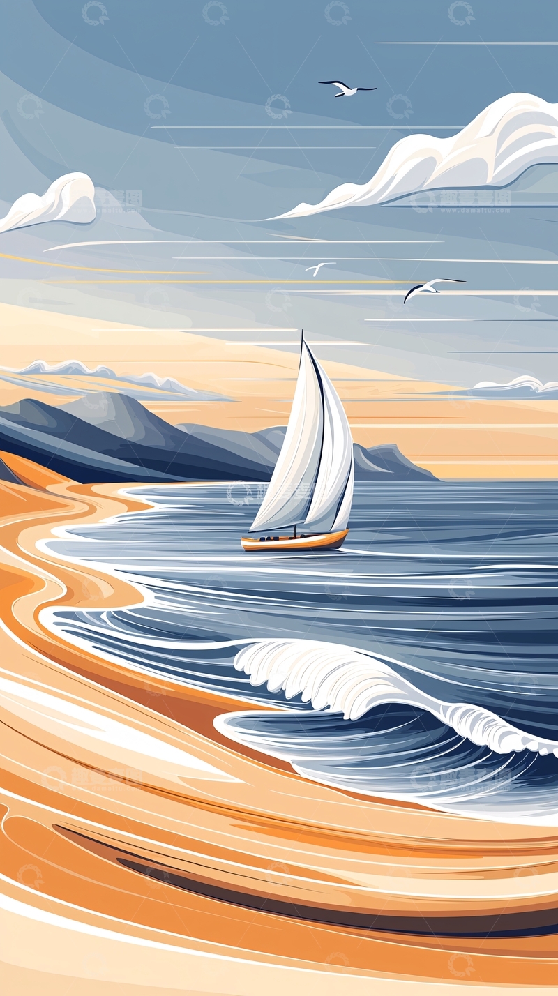高清大图下载【趣麦麦图】海边帆船与海浪的宁静景象