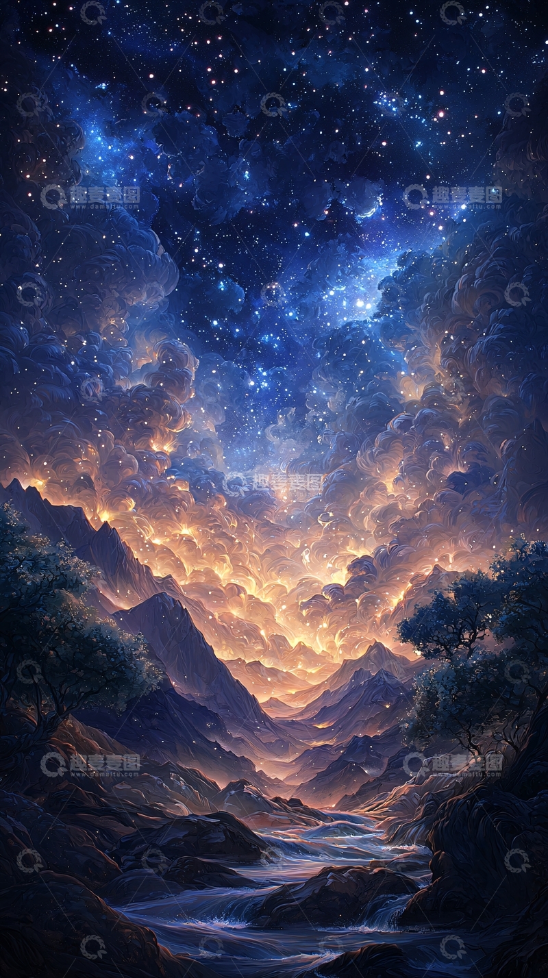 高清大图下载【趣麦麦图】星空下的山峦云海