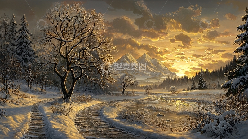 高清大图下载【趣麦麦图】冬季雪景日落田园风光