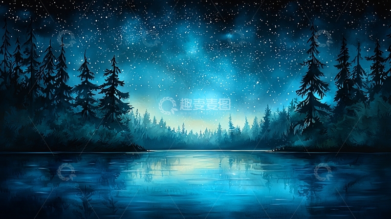 高清大图下载【趣麦麦图】星空下的宁静湖泊森林