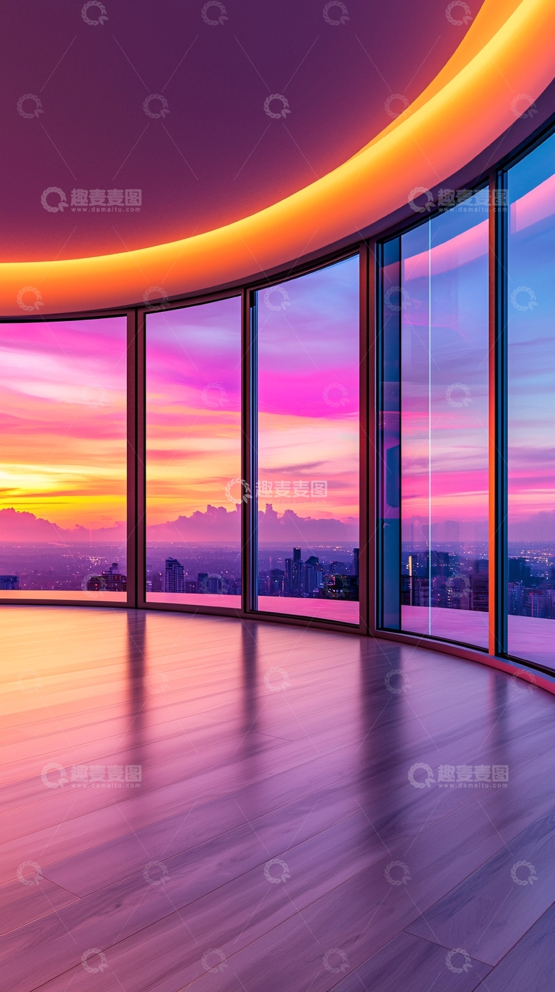 高清大图下载【趣麦麦图】圆形房间窗外粉色天空