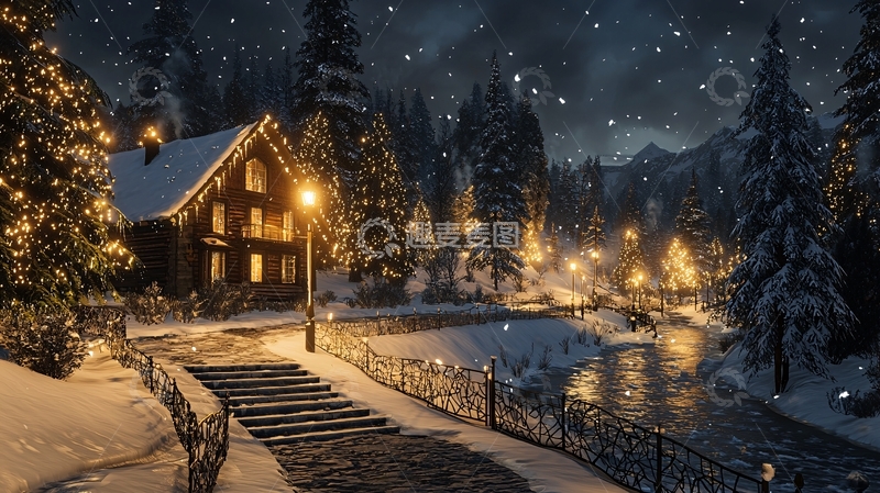 高清大图下载【趣麦麦图】雪夜中的小屋
