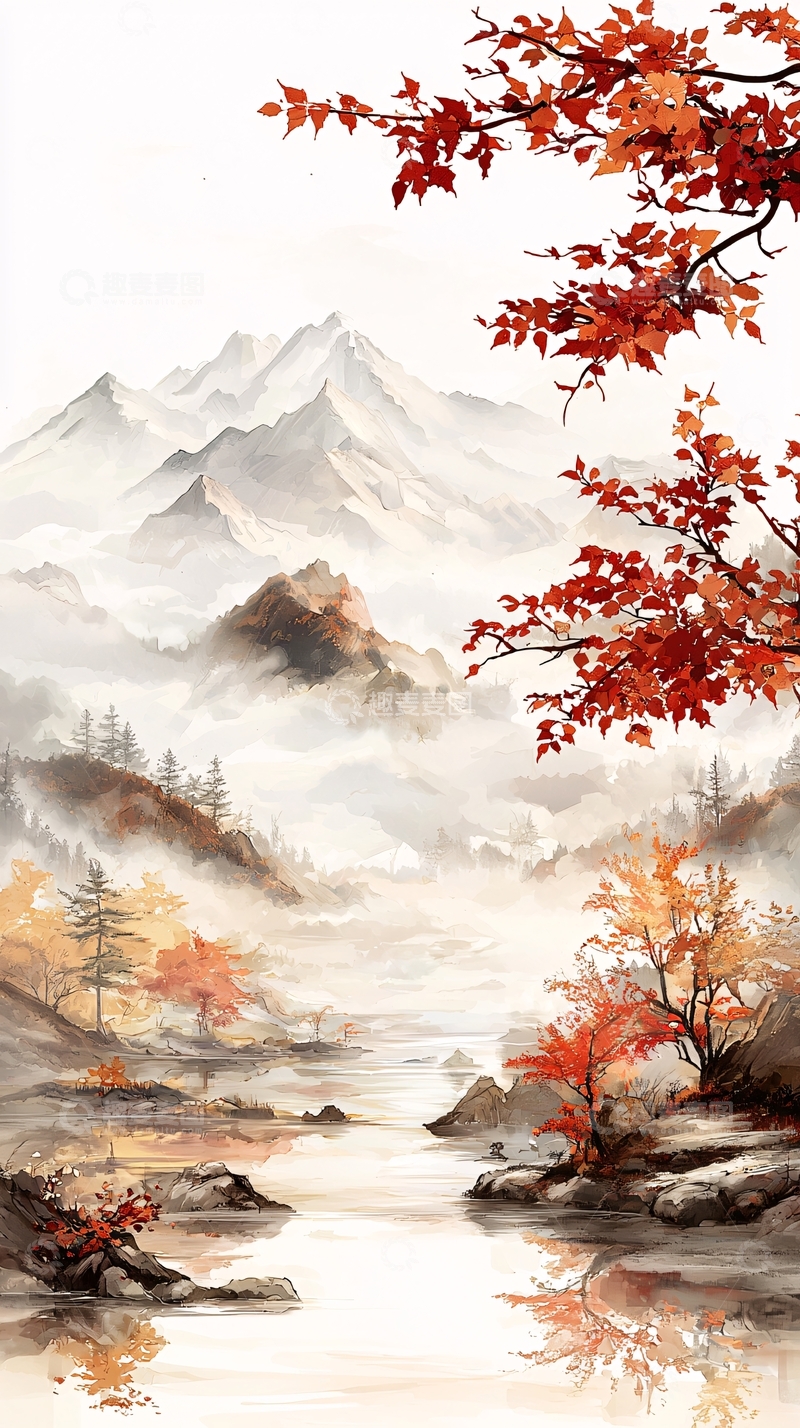 高清大图下载【趣麦麦图】秋日山水水墨画
