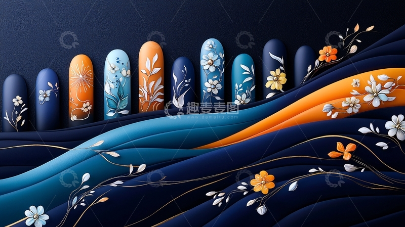 高清大图下载【趣麦麦图】蓝色橙色花朵美甲