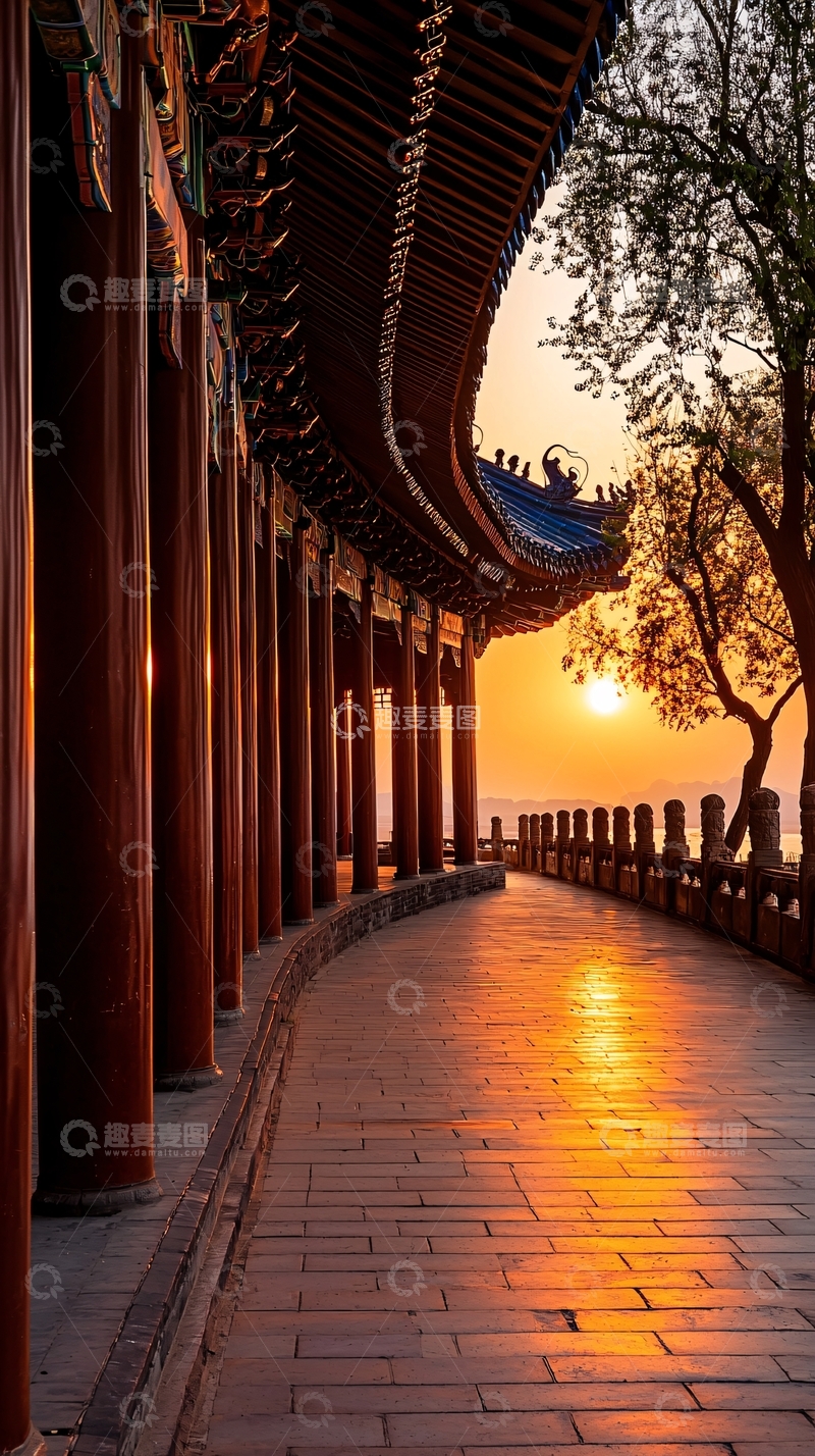 高清大图下载【趣麦麦图】中国古建筑夕阳剪影