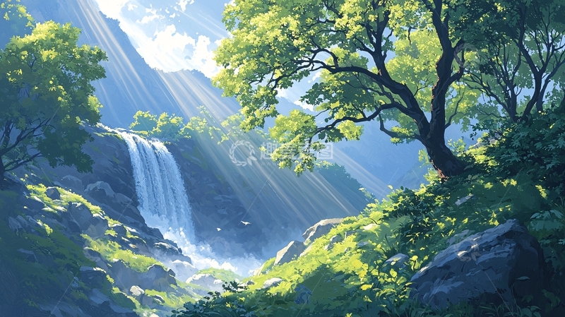 高清大图下载【趣麦麦图】阳光穿过树林洒在瀑布上