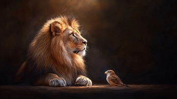 狮子和小鸟对视