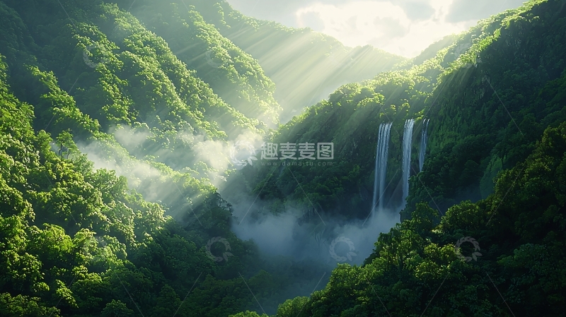 高清大图下载【趣麦麦图】翠绿山谷阳光瀑布