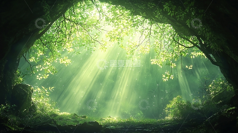 高清大图下载【趣麦麦图】森林洞穴阳光唯美意境