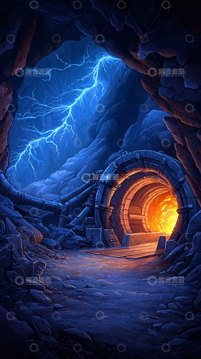 高清大图下载【趣麦麦图】洞穴中闪电照亮隧道