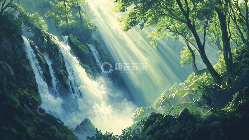 高清大图下载【趣麦麦图】森林瀑布阳光倾泻